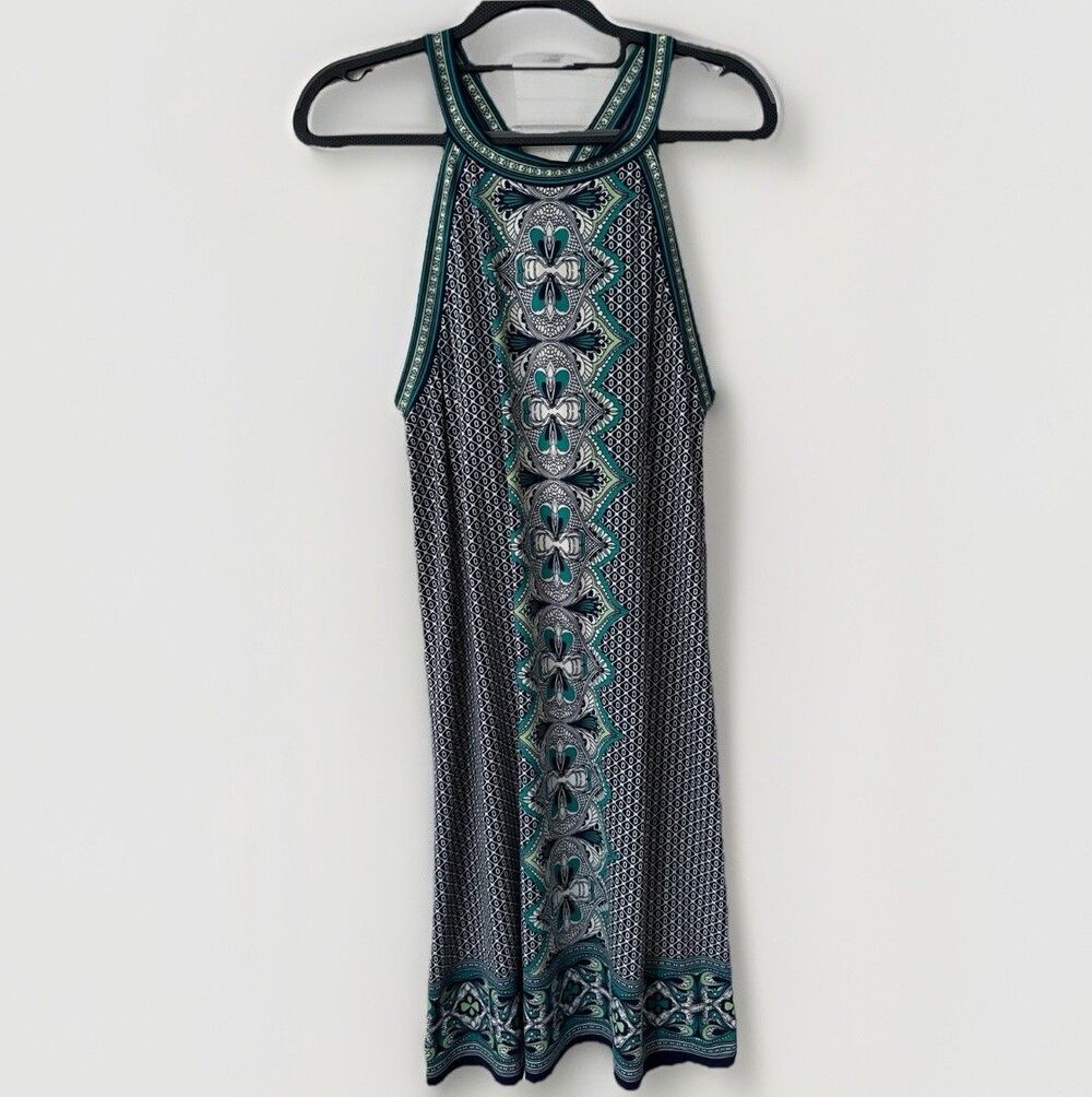 Max Studio Women’s Printed Sleeveless Halter Maxi Dress Black White Teal Large